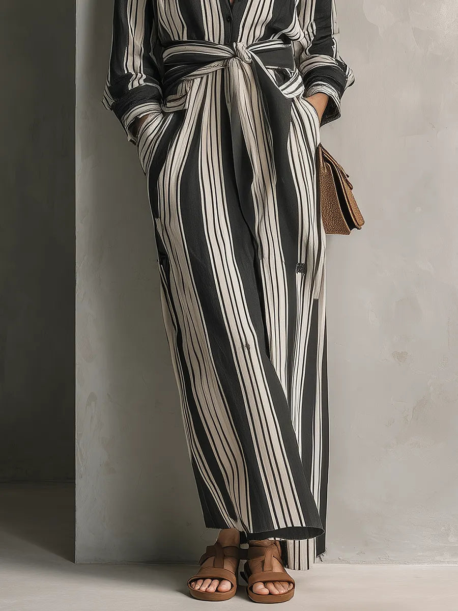 Urban Boho Vertical Stripe Belted Maxi Dress