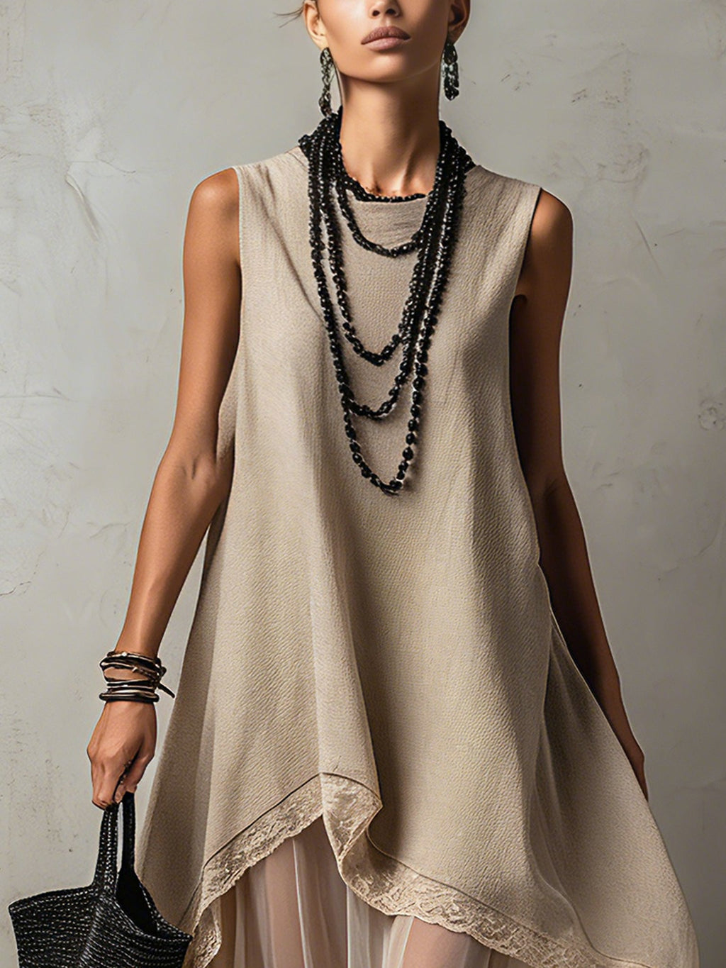 Light Khaki Sleeveless Organza Panel Maxi Dress