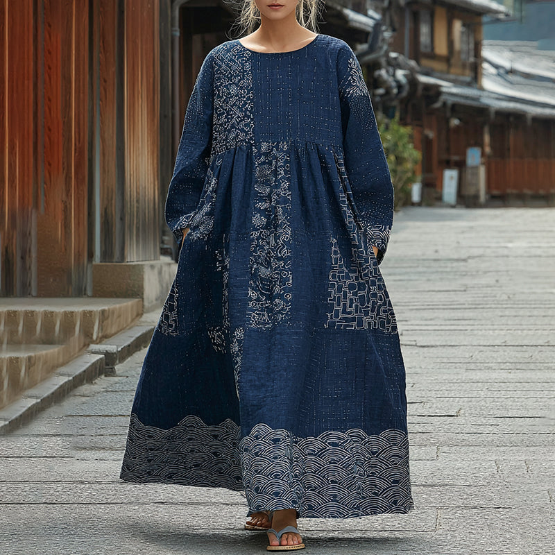 Women's Japanese Waves Art Linen Flowy Maxi Dress