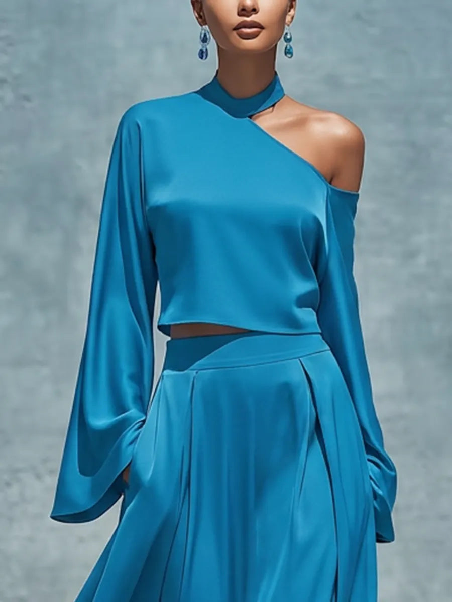 Women’s Blue Satin One Shoulder Halter Bell Sleeve Cropped Top & High Waist Pleated Flowy Maxi Skirt Two Piece Matching Set MDZ0207G7T