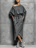 Women's Dark Grey Off-shoulder Sweatshirt-style Dress With A Drawstring Waist And Asymmetric Hem MDZ3039F2T