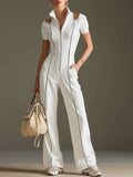 Sporty Retro Short-sleeved Openwork Ribbon White Cotton Blend Wide-leg Jumpsuit