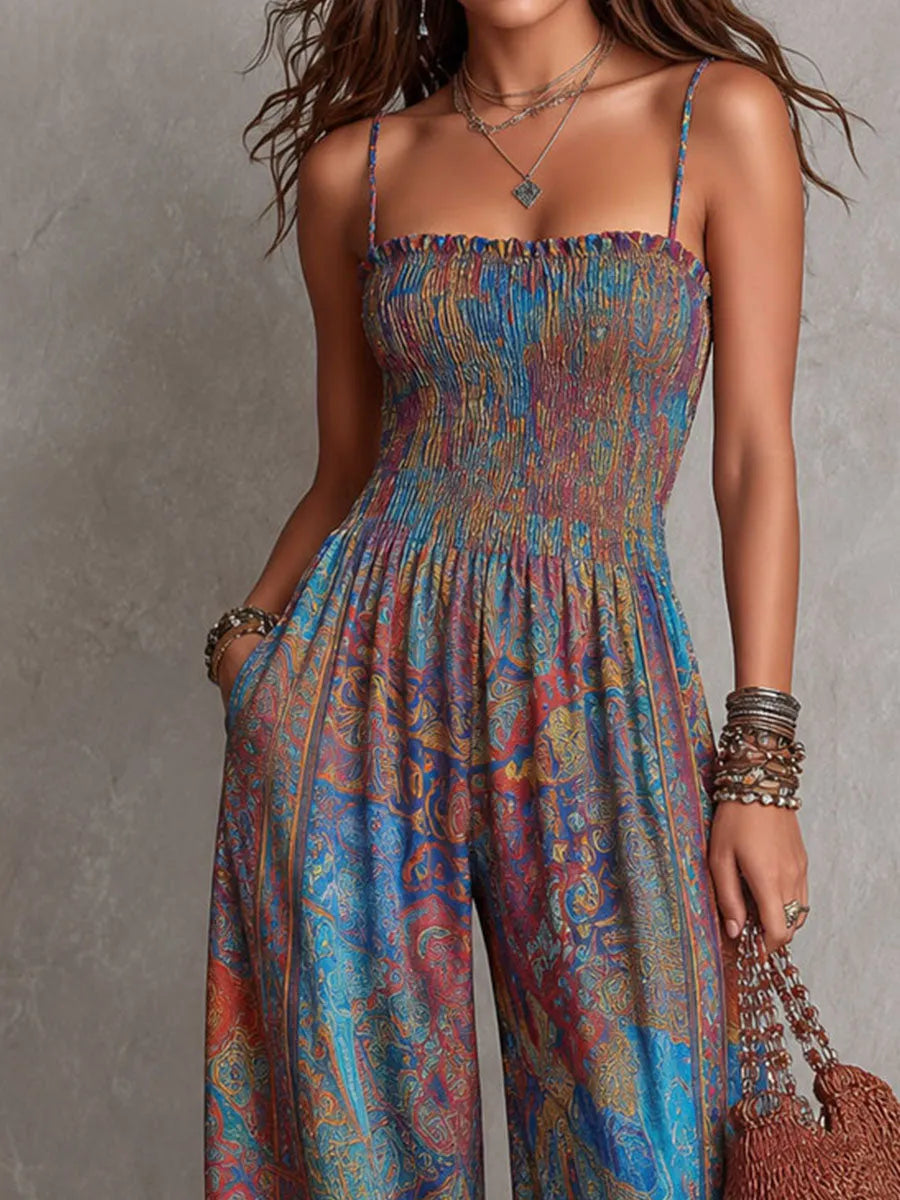 Boho Paisley Print Smocked Bodice Harem Jumpsuit
