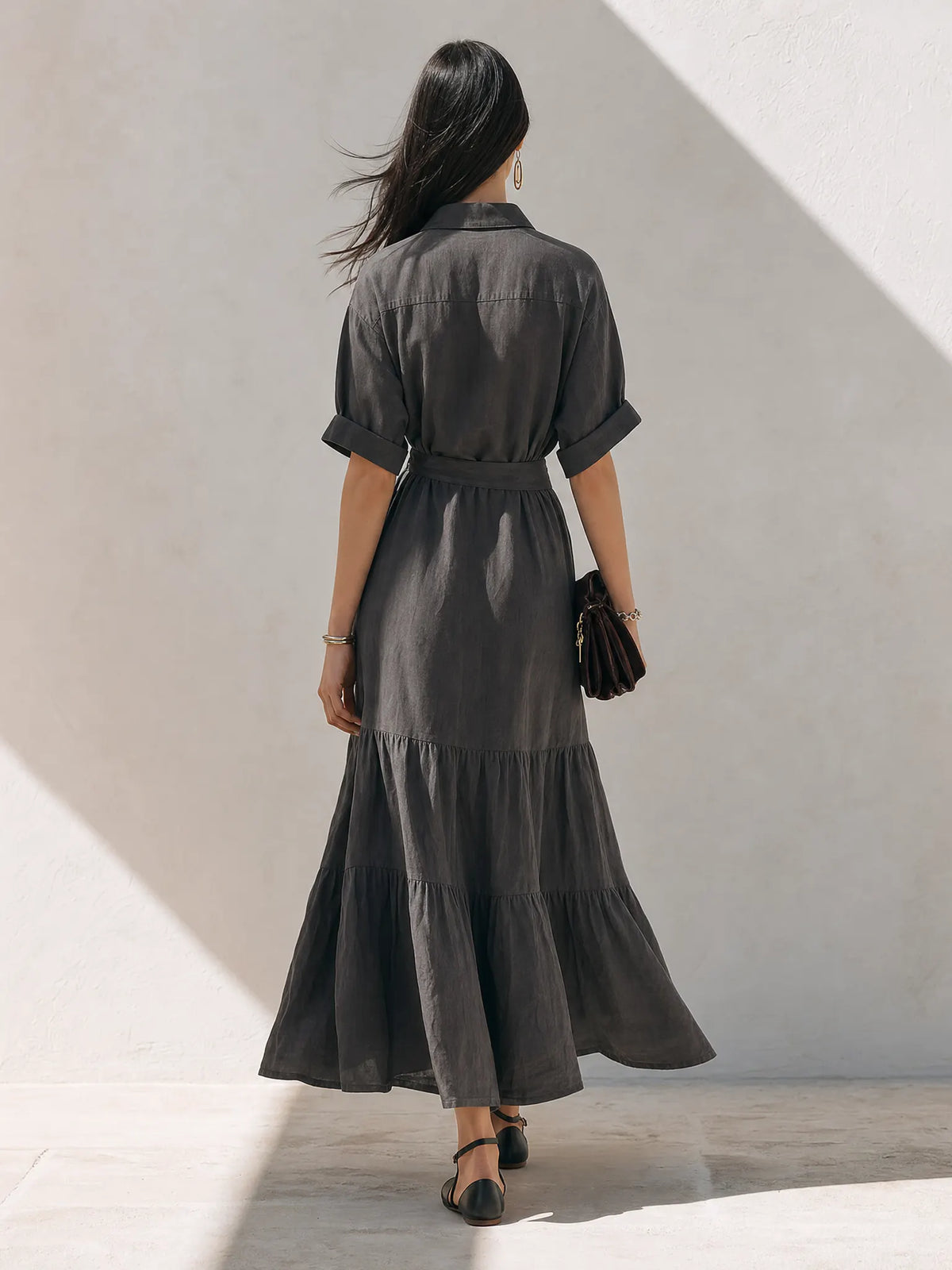Women's Minimalist Solid‑Dark‑Grey Linen‑Blend Shirt‑Style Maxi Dress MDZ1576G4ZRK