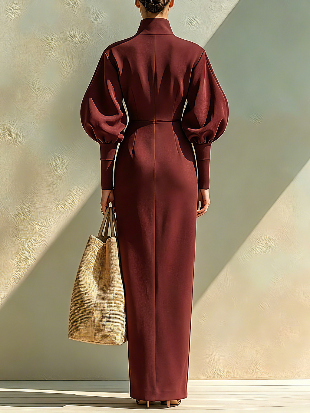 Wine Red Zip-Front High Neck Maxi Dress