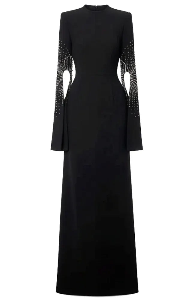 Crystal Embellished Cape Sleeve Maxi Dress Black