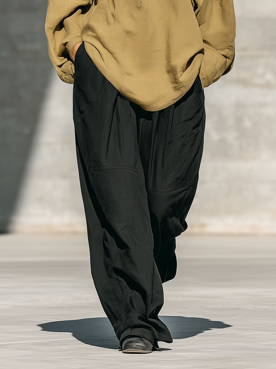 Women's Khaki Cotton-Linen Blend Stand Collar Half Zip Leather Buckle Strap Long Sleeve Loose Top Black Relaxed Wide Leg Pocket Pants Two Piece Set MDZ2775G5YZJ