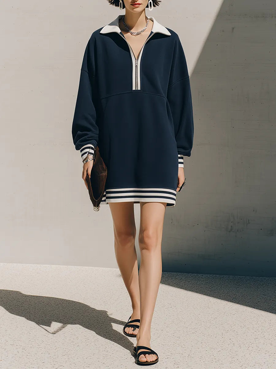Women's Navy Contrast Collar Half-Zip Striped Cuff Sweatshirt Mini Dress MDZ2065G7ZRK