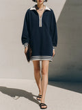 Women's Navy Contrast Collar Half-Zip Striped Cuff Sweatshirt Mini Dress MDZ2065G7ZRK