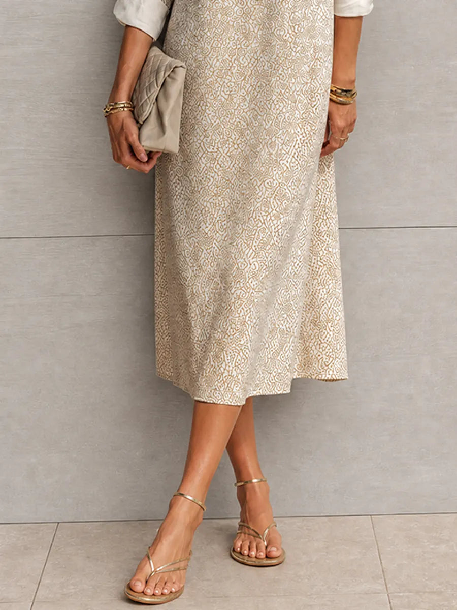 Women's Simple Casual Beige Cotton Blend Geometric Print Collar Three-Quarter Sleeve Loose Mid-Length Shirt Dress MDZ0219G5GMJ