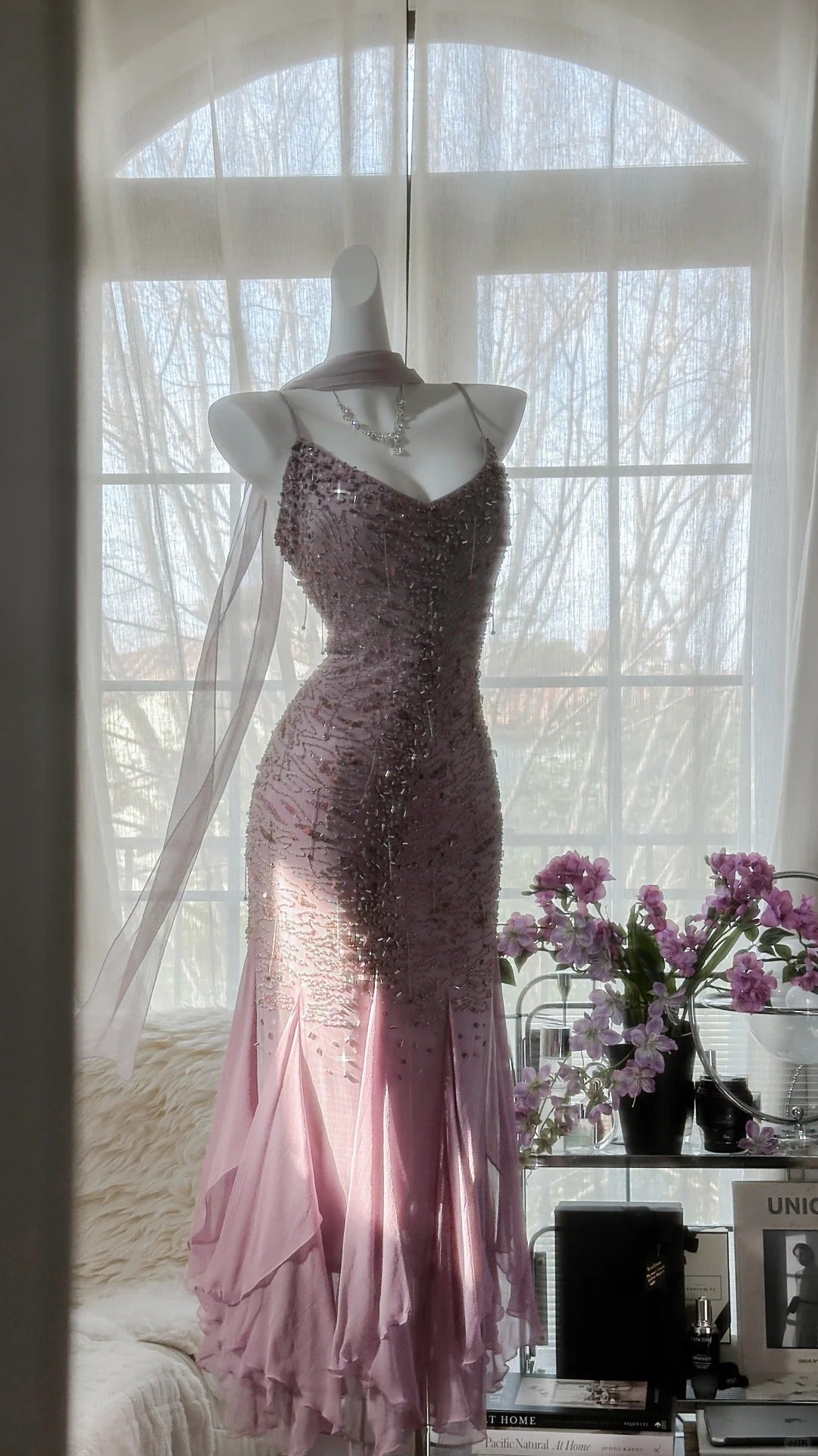 Pink Purple Elegant Romantic Exquisite Beaded Long Chiffon Ball Gown Evening Dress Birthday/Wedding Guest/Holiday Party Dress Prom Dress
