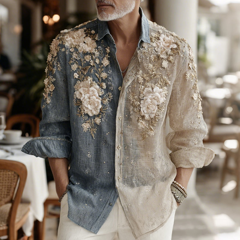 Men's Japanese Floral Art Casual Button Linen Shirt