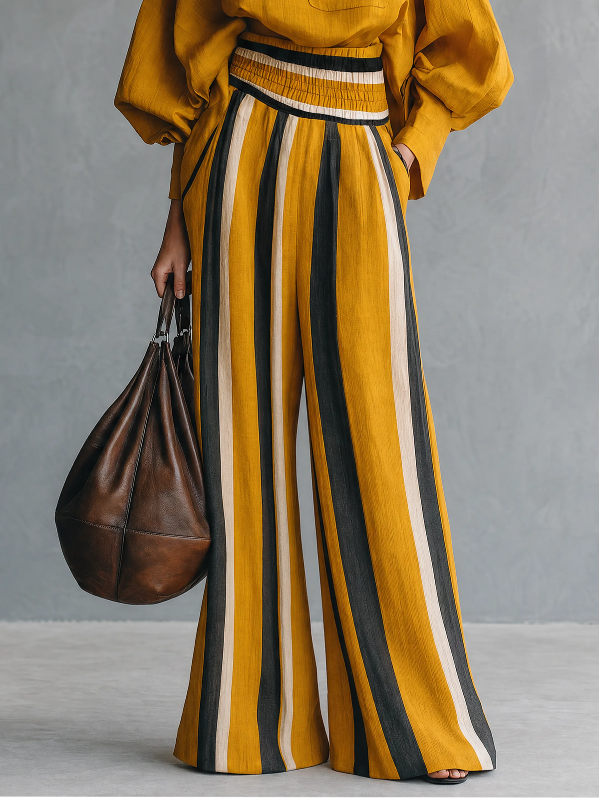 Women's Minimalist Linen-Blend Mock-Neck Lantern-Sleeve Blouse And Striped Print Trouser Set MDZ0824G8WY