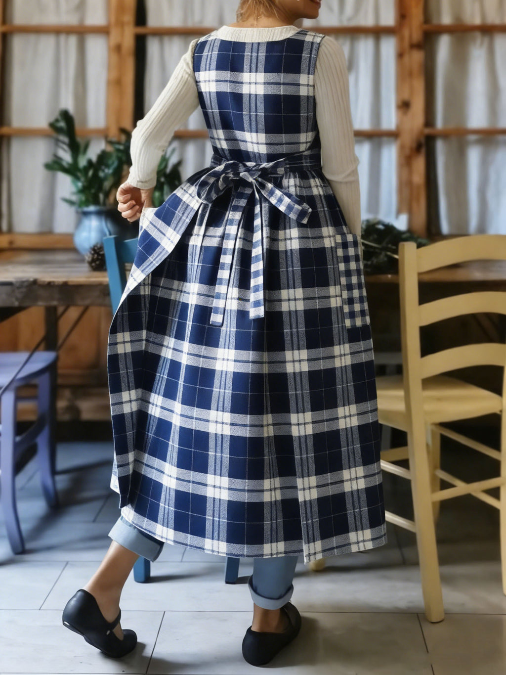 Navy & White Plaid Apron