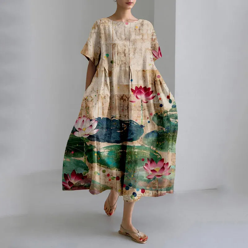 Vintage Lotus Flower Art Linen Blend Cozy Maxi Dress