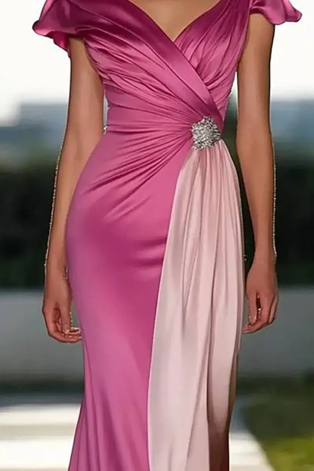 Wedding Guest Satin Pink Dress Short Sleeve Pink Maxi Dress
