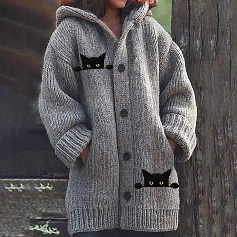 Women's Casual Funny Black Cat Print Hood Sweater