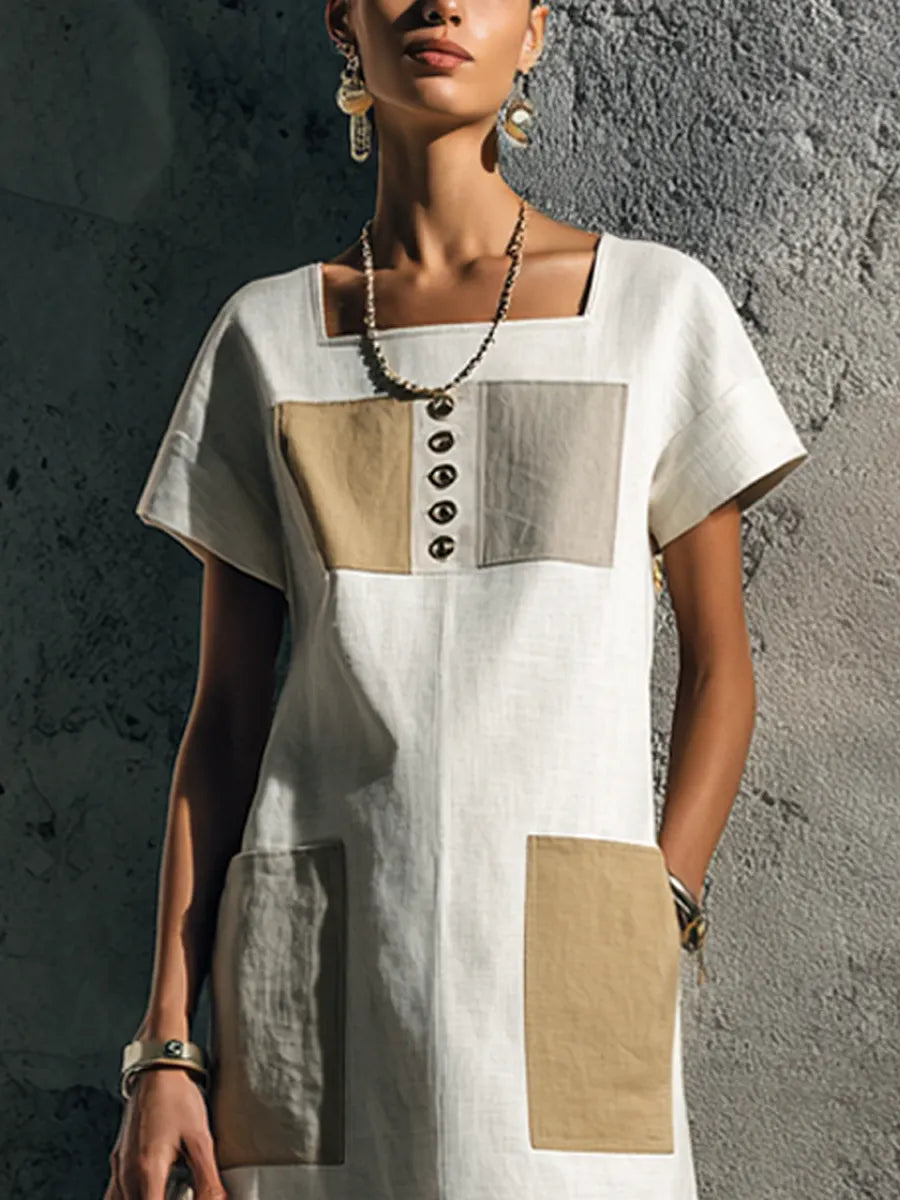 Women's Minimalist Style Off-White Linen Cotton Square Neck Short Sleeve Patch Pocket Maxi Dress MDZ3055F9GMJ