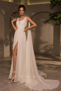 P3121 - Chic V-Neck Empire-Waist High Slit Sleeveless Beaded A-Line Beach Wedding Dress
