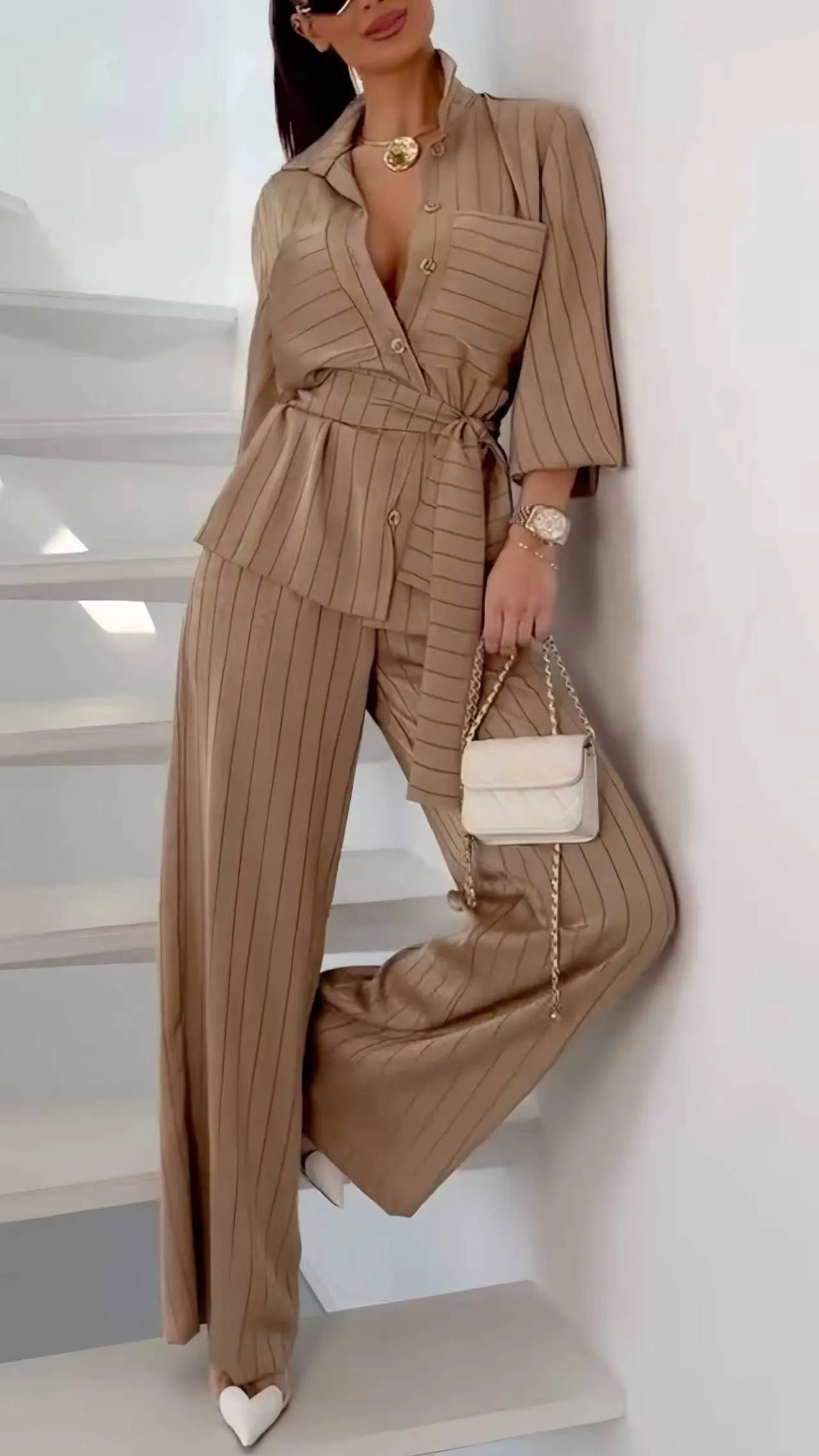 Stripe Belted Shirt & Wide Leg Pants Co‑Ord