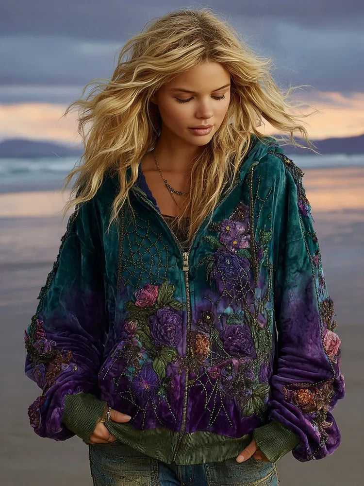 Women's Bohemian Purple Rose Ombre Zip-up Hoodie