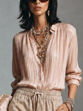 Women's Elegant Pink Satin Pleated Button-Down Long Sleeve Shirt MDZ2049G9GMJ