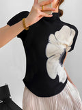 Short Sleeves Skinny Flower Print High Neck T-Shirts Tops