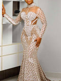 Stand Collar Belly-Hollow Beaded Wrap Long Sleeve Wedding Maxi Dress