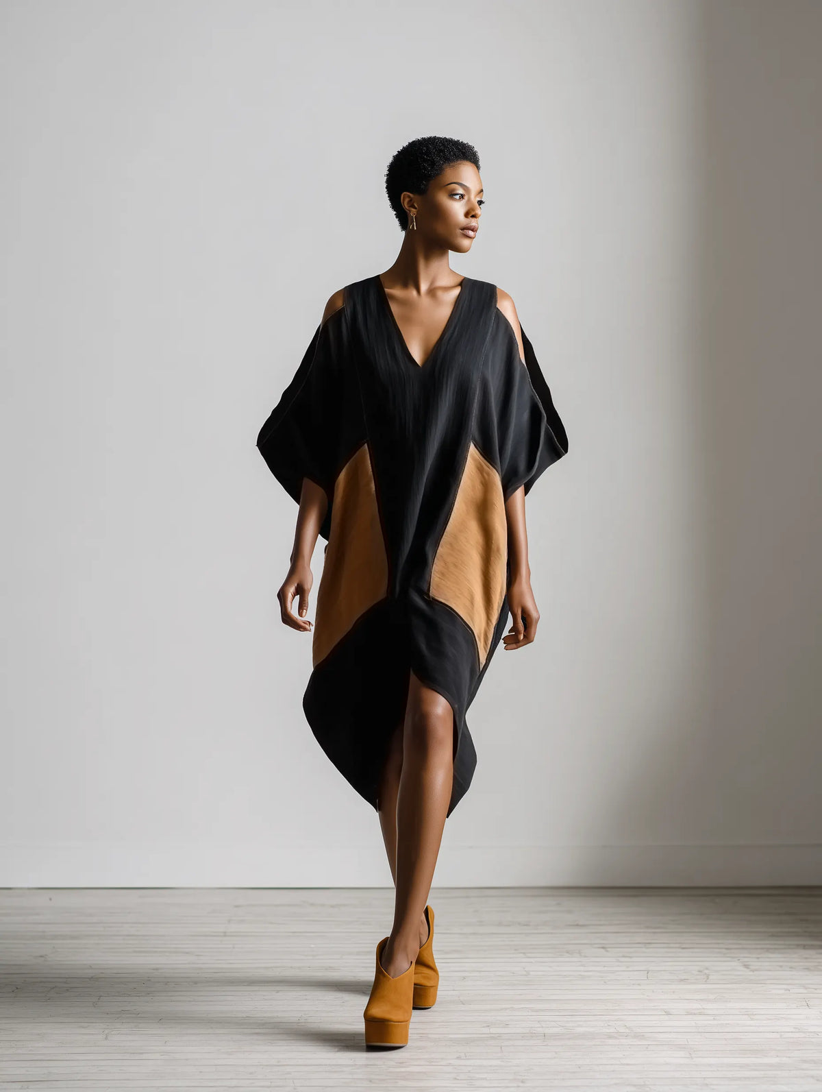 Women’s Black & Brown Cotton-linen Blend Geometric Color Block Cold Shoulder V Neck Batwing Sleeve Midi Dress MDZ0710G5YZJ
