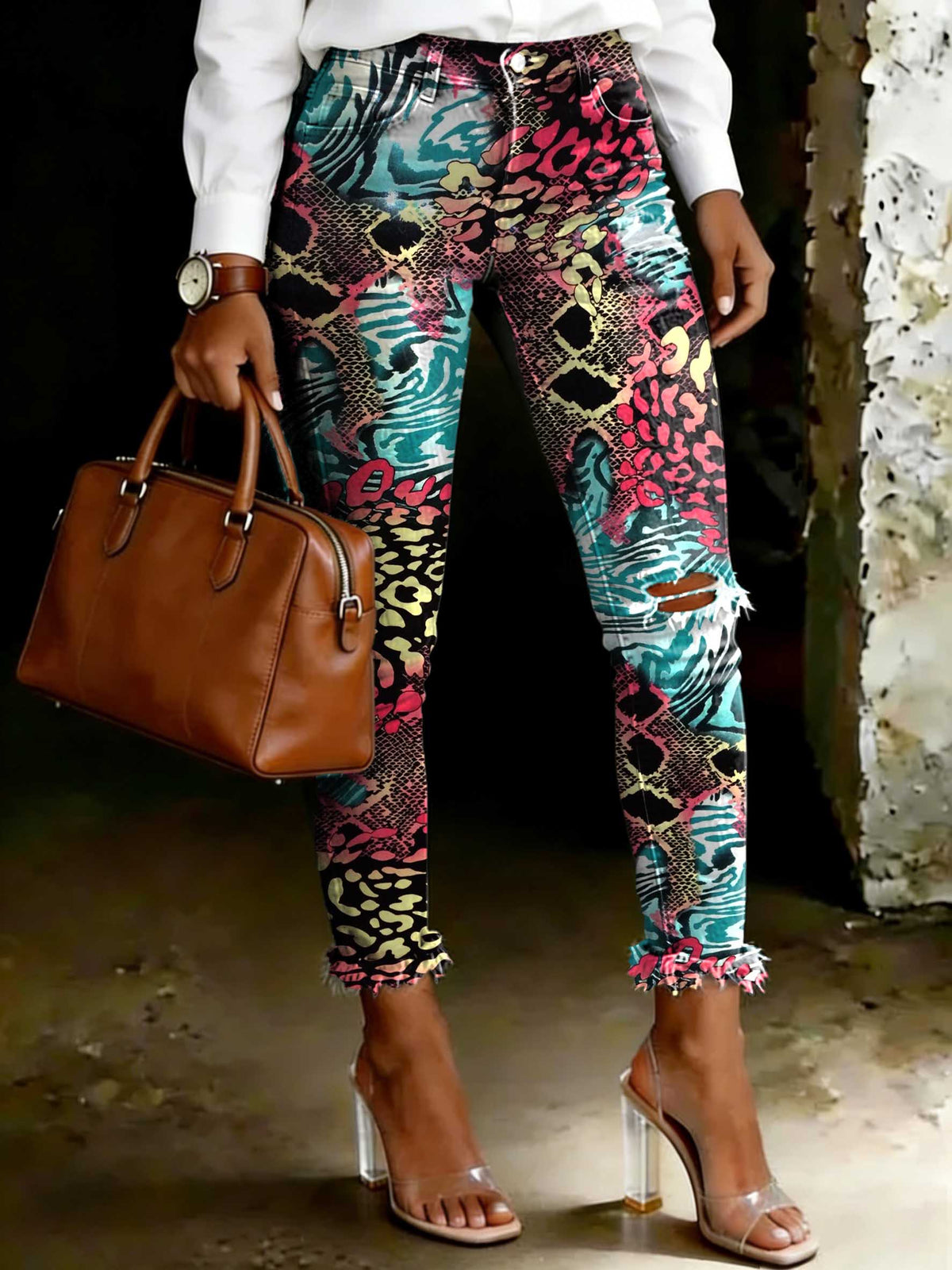 Women's Gradient Leopard Print Art Ripped Skinny Jeans