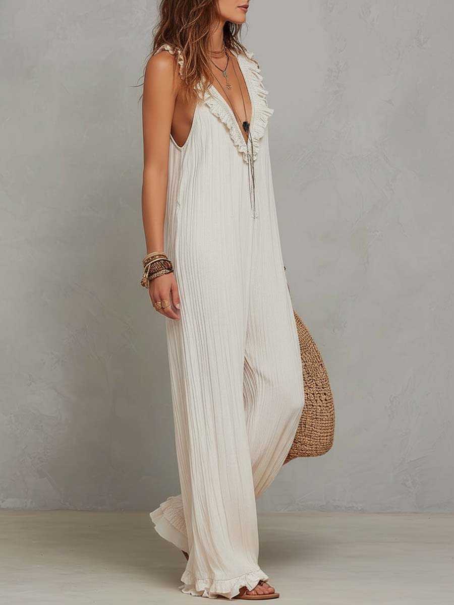 Lightweight Bohemian-style Pleated Chiffon Sleeveless Jumpsuit