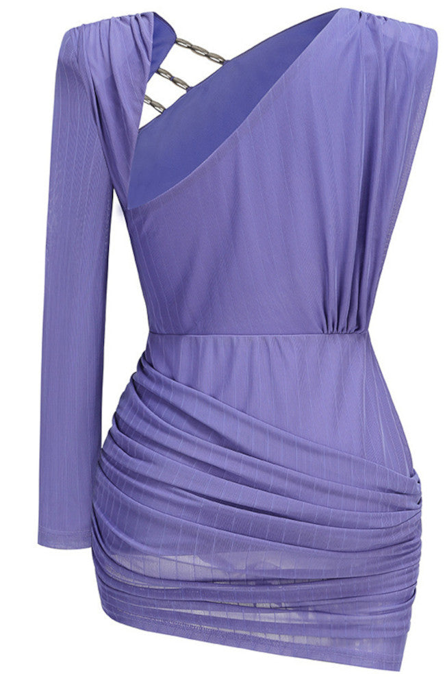 One Sleeve Draped Cut Out Dress Purple