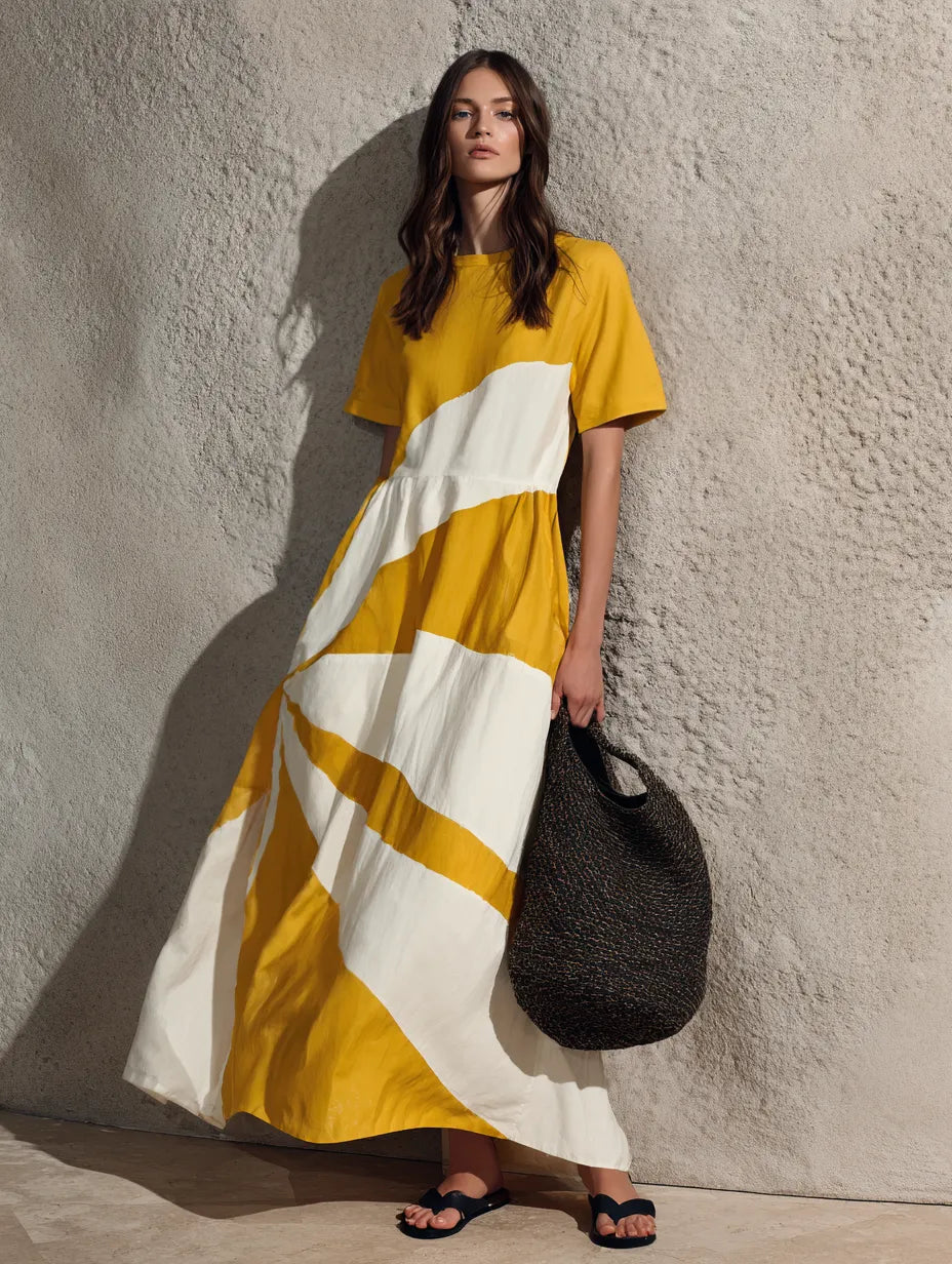 Women's Casual Yellow And White Color-block Woven Maxi Dress With A Round Neck And Short Sleeves MDZ1687G9LXY