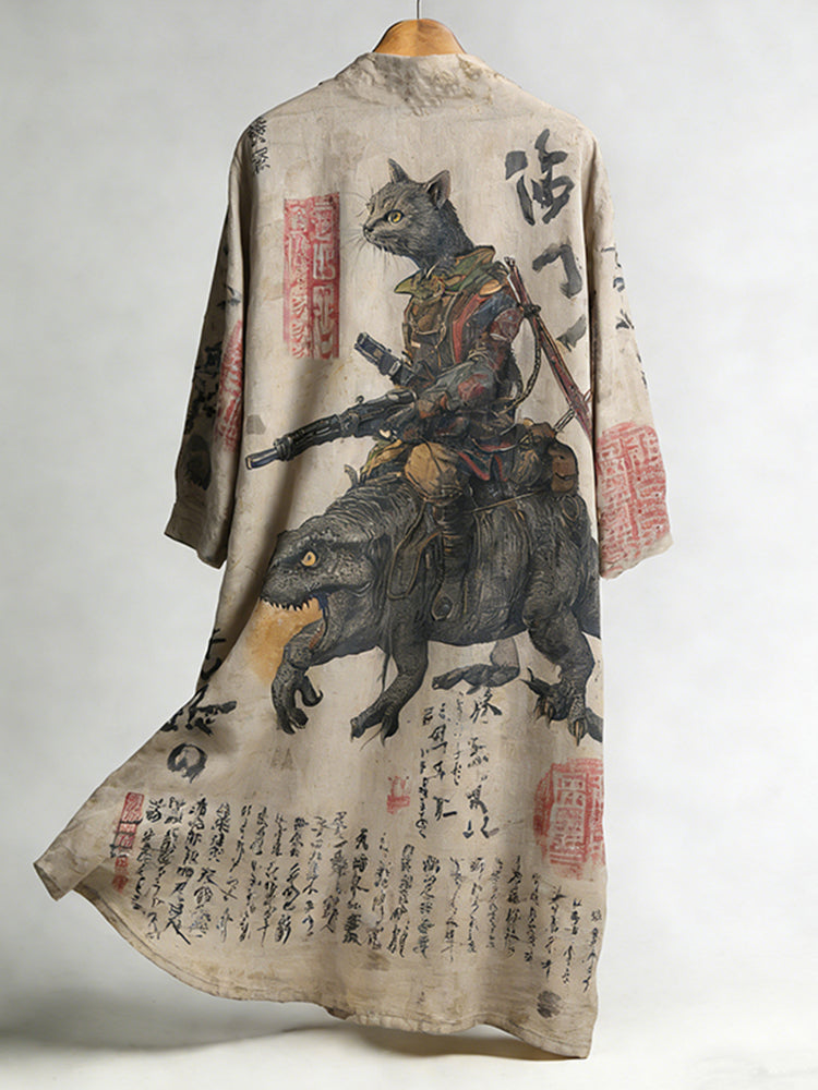 Men's Retro Calligraphy Cat Dinosaur Art Linen Long Kimono