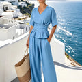 Solavia – Wrap Waist Peplum Top and Wide Leg Pants Set for Women