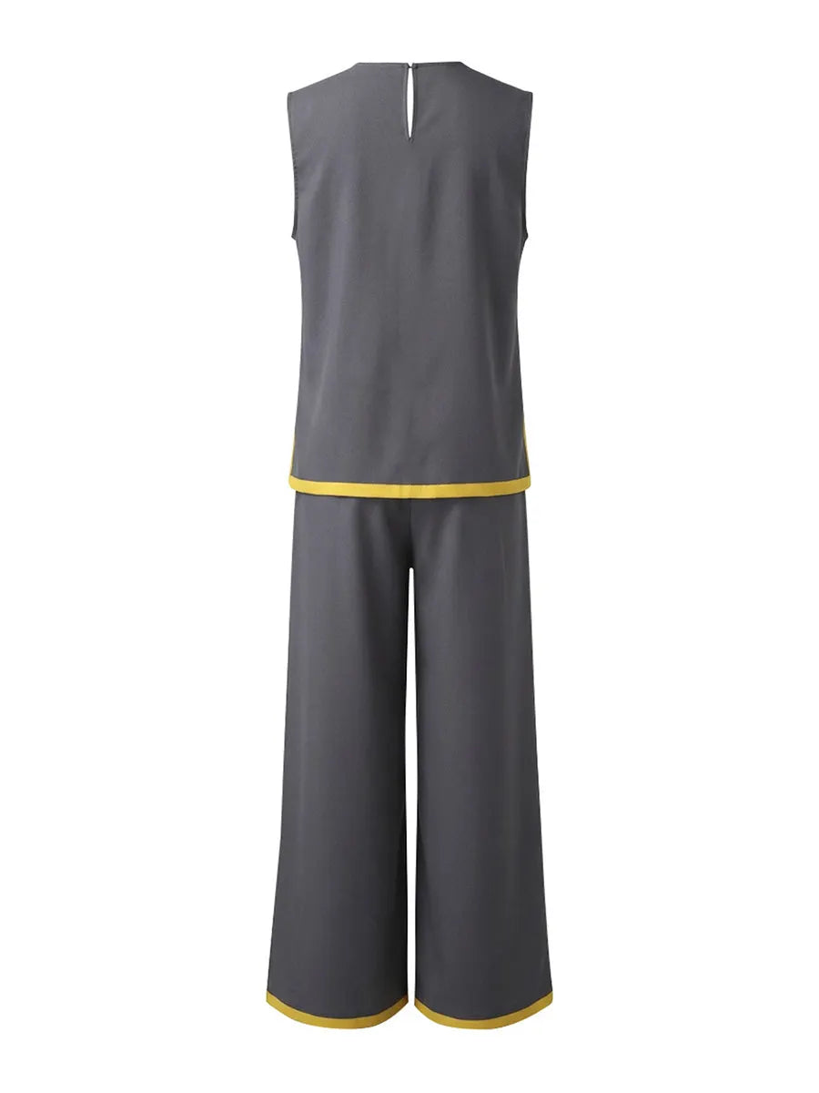 Contrast Color High Waisted Pants + Round-Neck Sleeveless Top Two Pieces Set