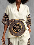Printed Contrast Color Loose Half Sleeves V-neck Blouses&shirts Tops