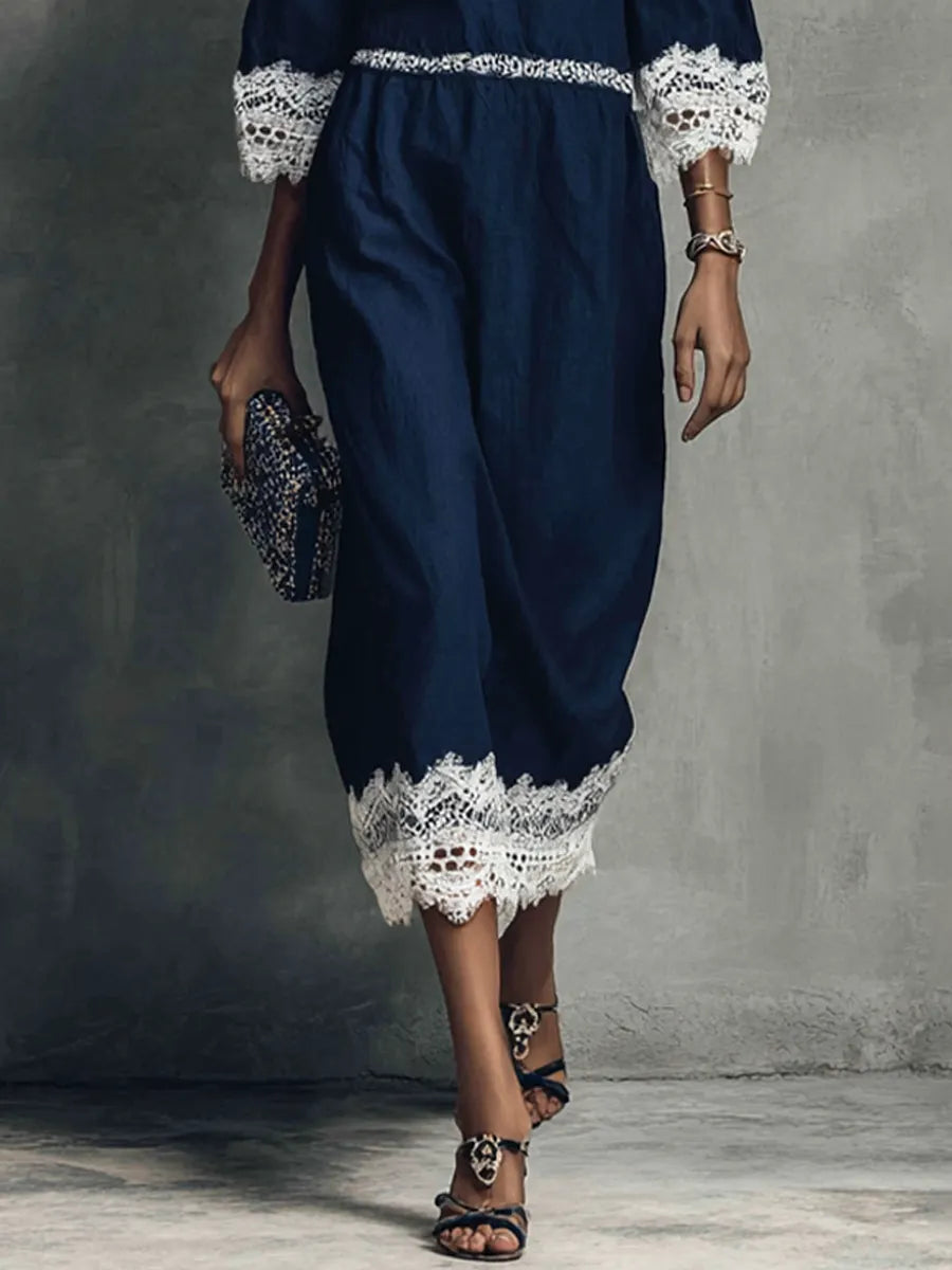 Women's Elegant Navy Blue Cotton Linen Lace Trim Lantern Sleeve Midi Dress MDZ2122G7GMJ