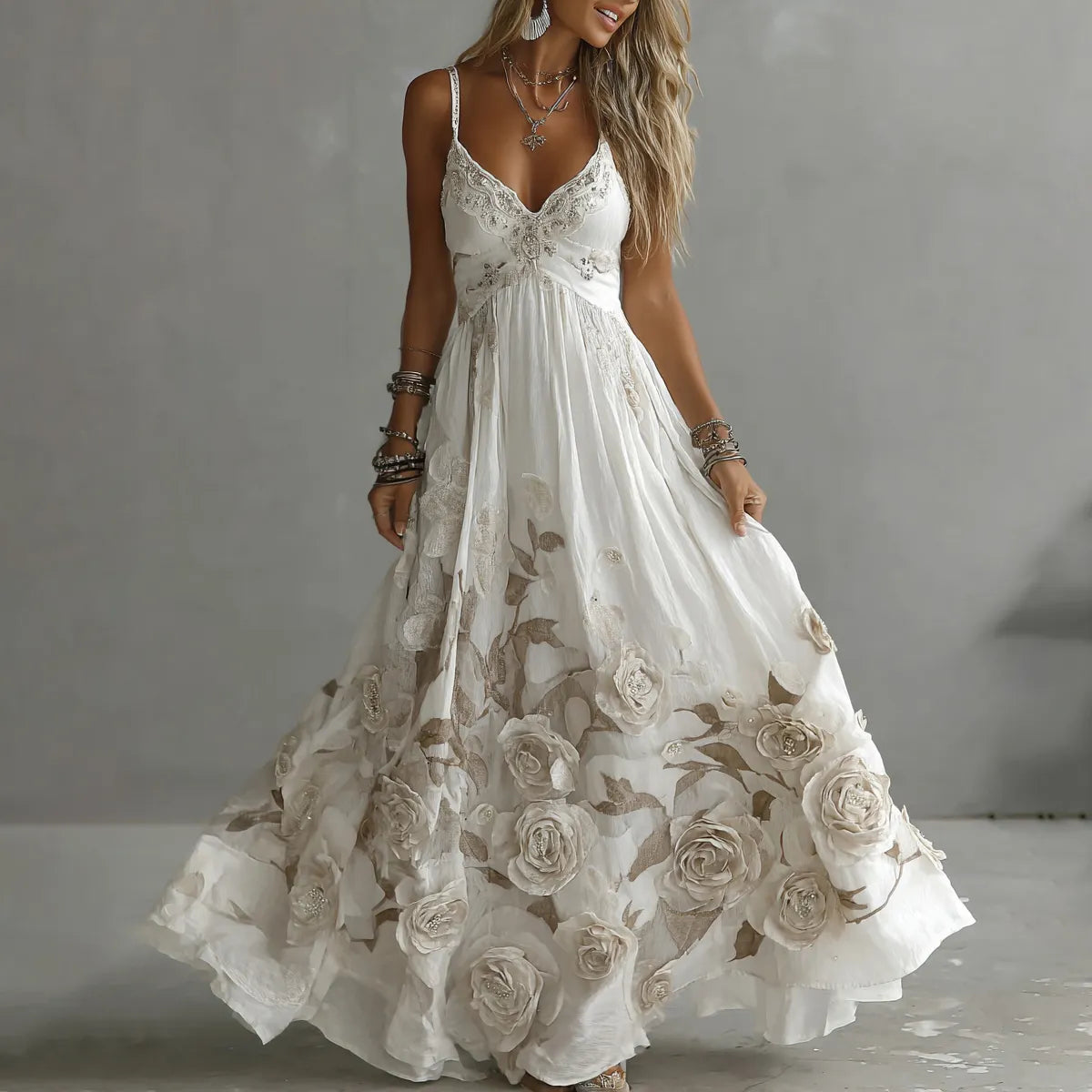 Women's Vintage Rose Embroidery Art V-neck Suspender Maxi Dress