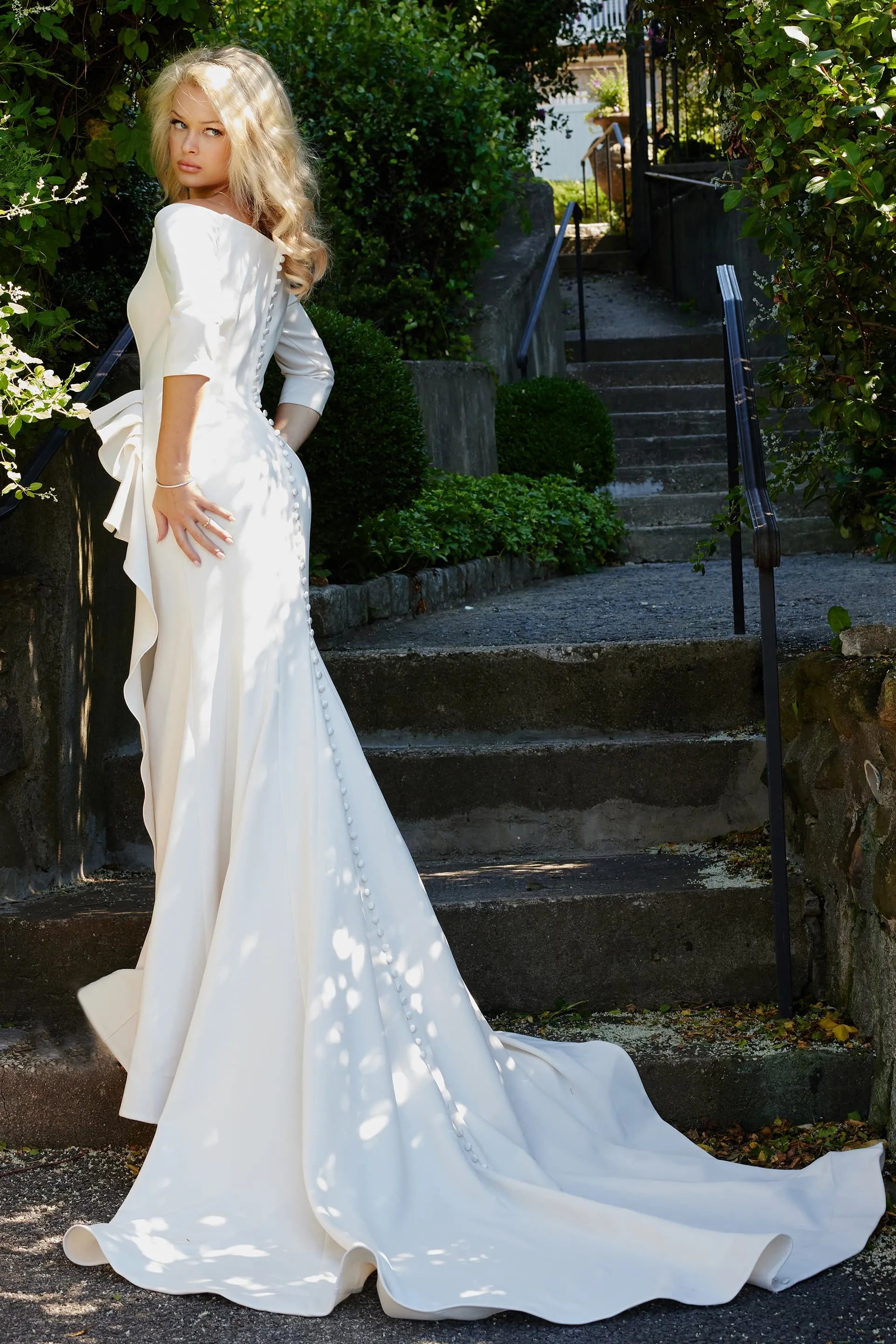 Jovani JB07456 Off white three quarter sleeve sheath wedding dress