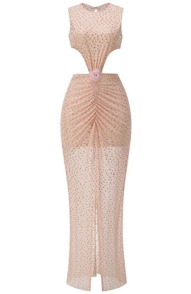 Floral Detail Embellished Maxi Dress Nude Pink