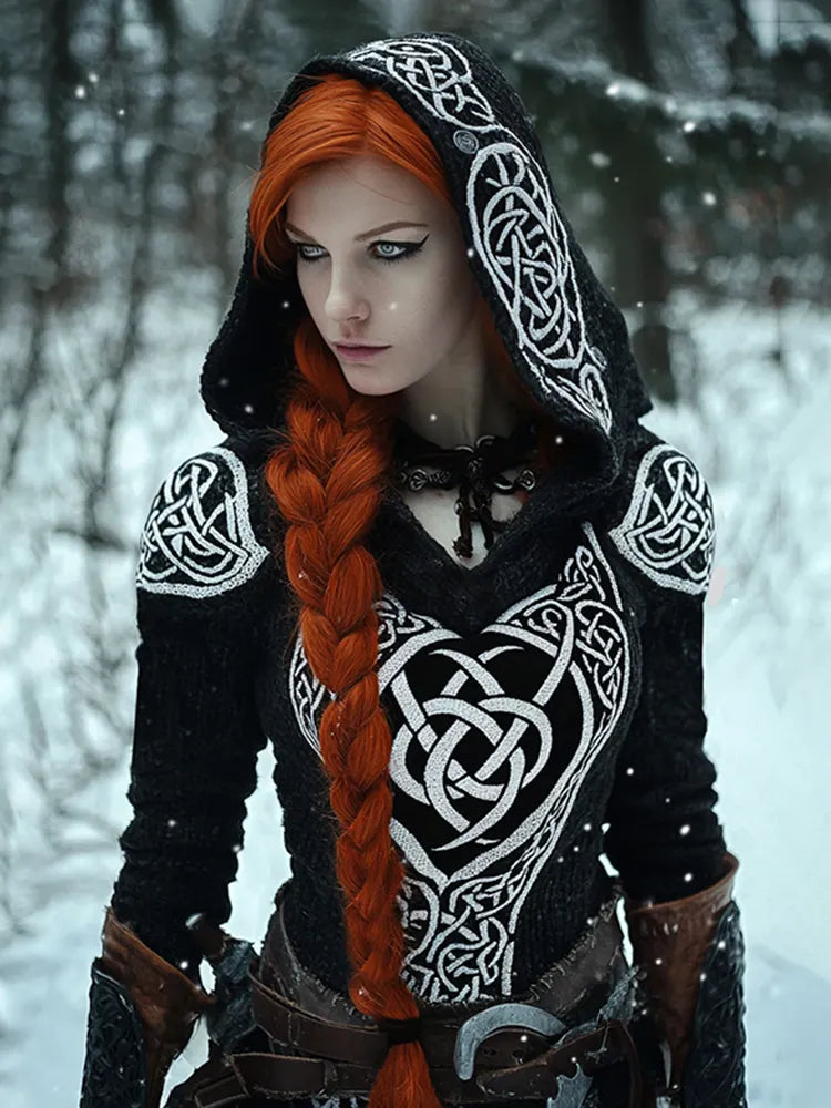 Viking Runes Inspired Celtic Knot Jacquard Hooded Sweater(accessories Not Included)