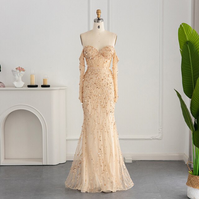 Dreamy Vow Luxury Dubai Gray Mermaid Evening Dress Elegant Off Shoulder Gold Prom Formal Dresses for Women Wedding Party 357