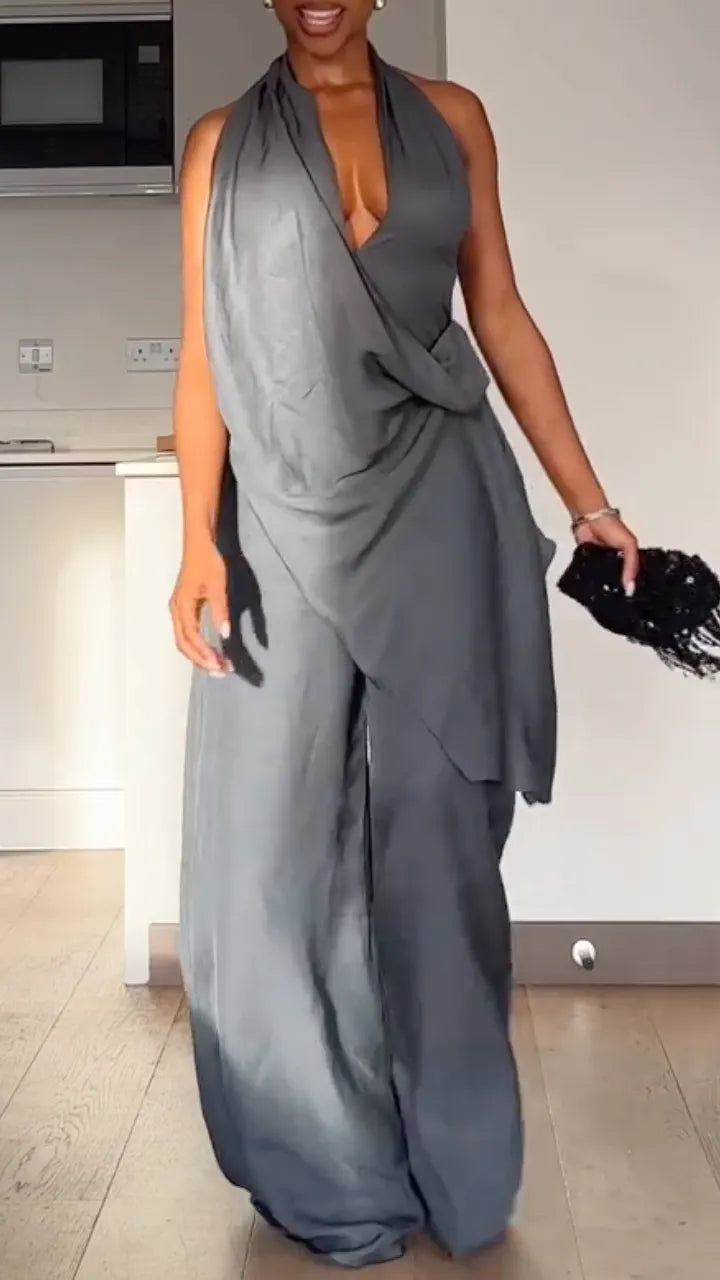 Grey Halter Neck Draped Wide Leg  Pants Set