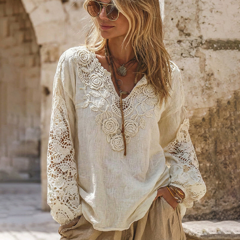 Women's Vintage Rose Floral Lace Embroidery Art V-neck Shirt