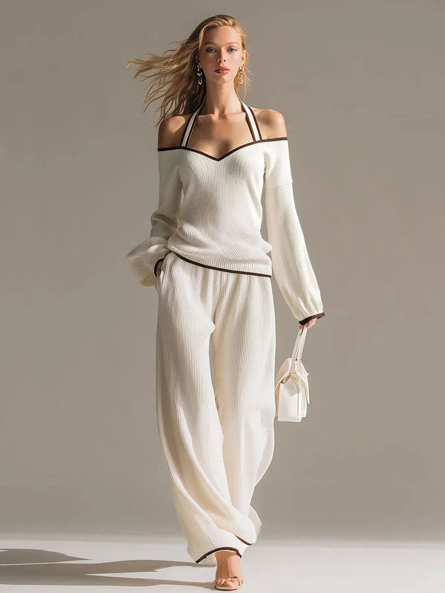 Elegant Color-blocked White Halter-neck Long-sleeved Knit Top And Pants Set