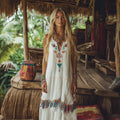Bohemian Floral Embroidery Tassel Art Sleeveless Cozy Linen Maxi Dress