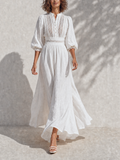 Women's Resort-Style White Stand-Collar Bishop-Sleeve Lace-Cutout-Paneled Cinched-Waist Linen Maxi Dress MDZ1502G4CMX