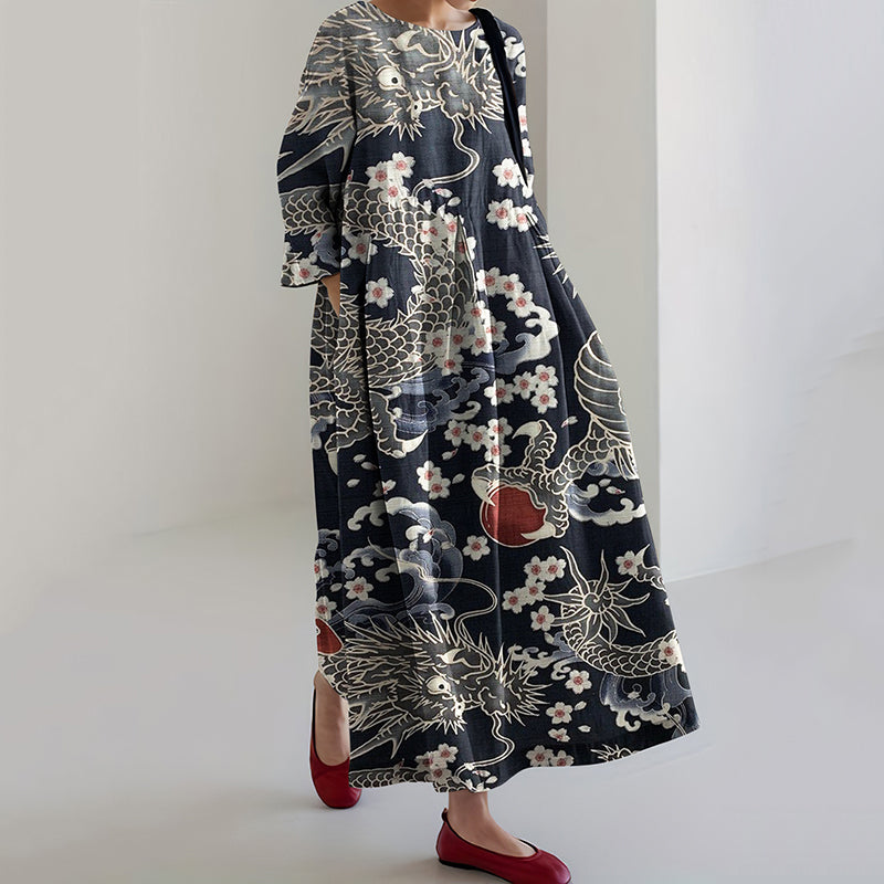 Vintage Japanese Art Print Midi Dress