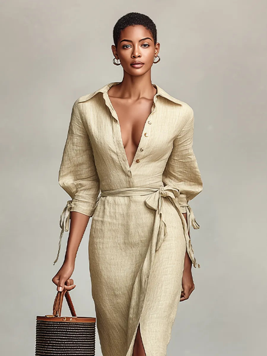 Women's Light Khaki Breathable Linen Maxi Dress With Lantern Tie Sleeves & Wrap Waist Silhouette, Versatile Beach Vacation Fitted Maxi Dress MDZ0931G1LYL